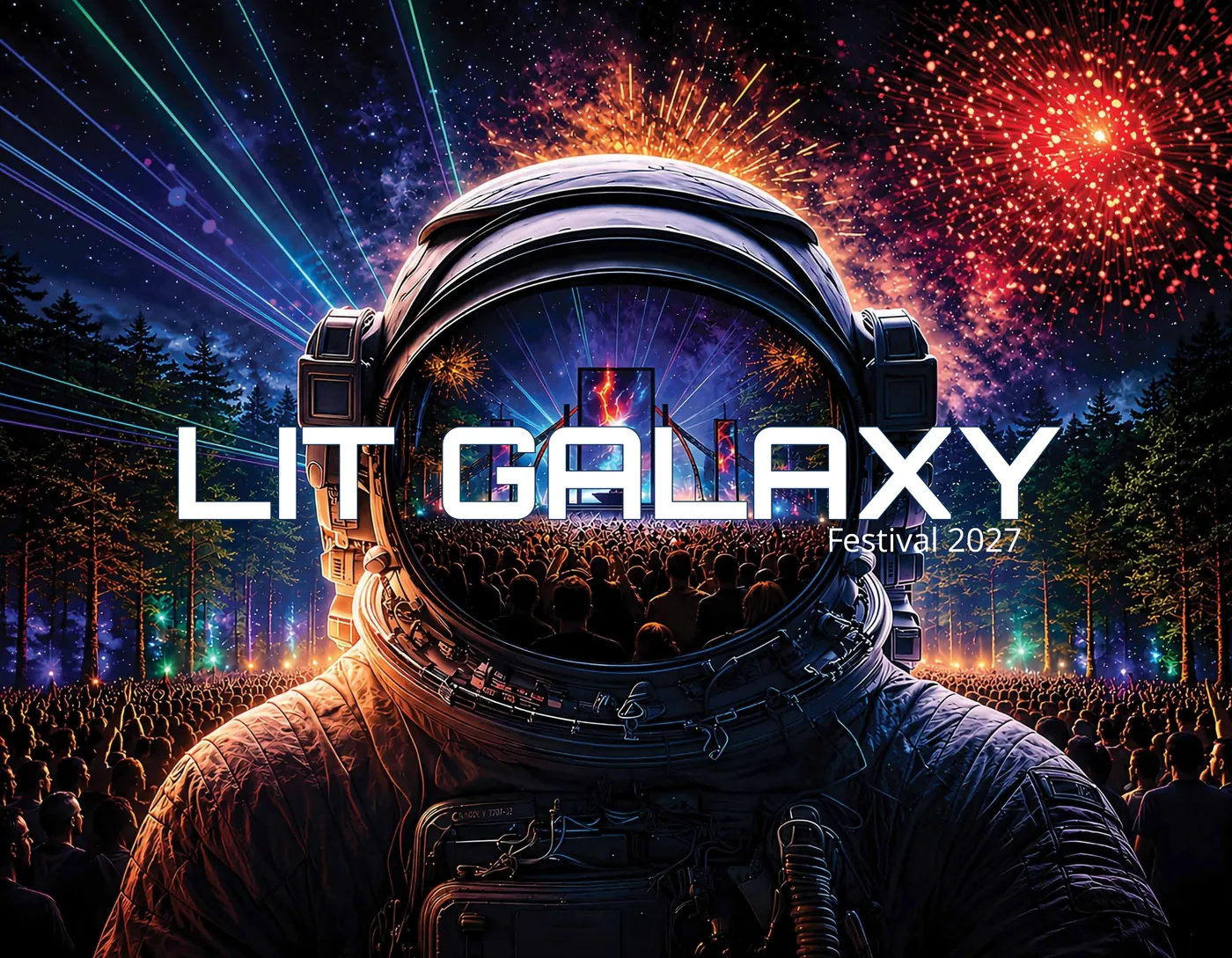 Brochure cover: an astronaut helmet reflecting a festival crowd, under fireworks and lasers above a forest.