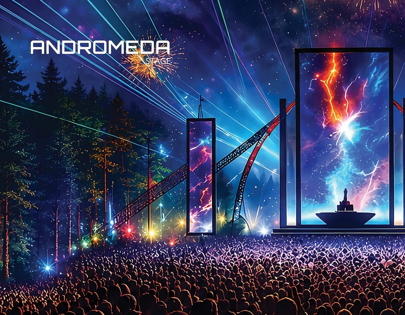 About the festival: the Andromeda main stage over a huge forest crowd, with an introduction to Lit Galaxy — three days, 600 acres, 40,000 festival-goers.