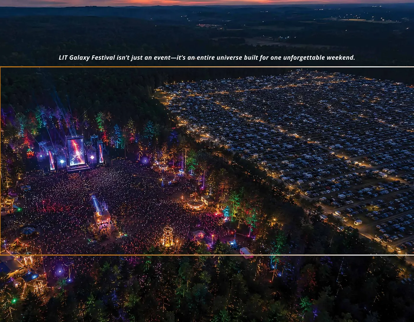 The experience — three themed stages, 250+ art installations, games, wellness sessions, hot air balloons and food trucks.