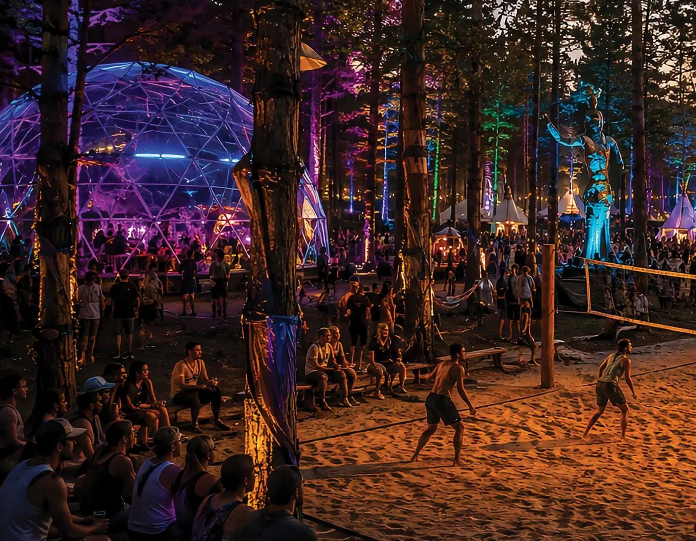 Beach volleyball, geodesic domes and forest activities beneath the main stage lights.