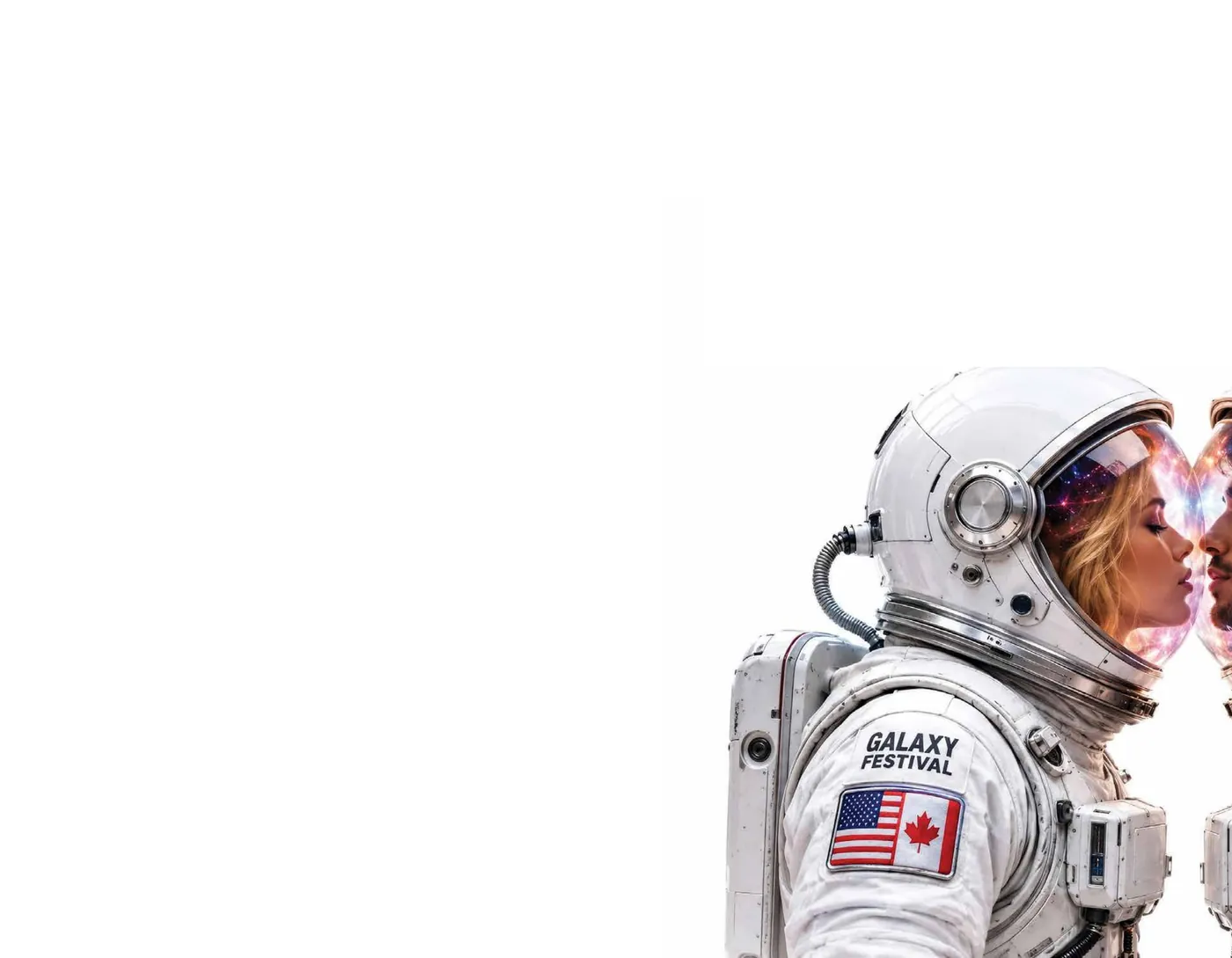 Find your love at the festival — two astronauts sharing a kiss.