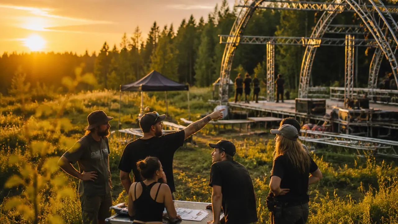 A festival crowd silhouetted against an illuminated forest at twilight
