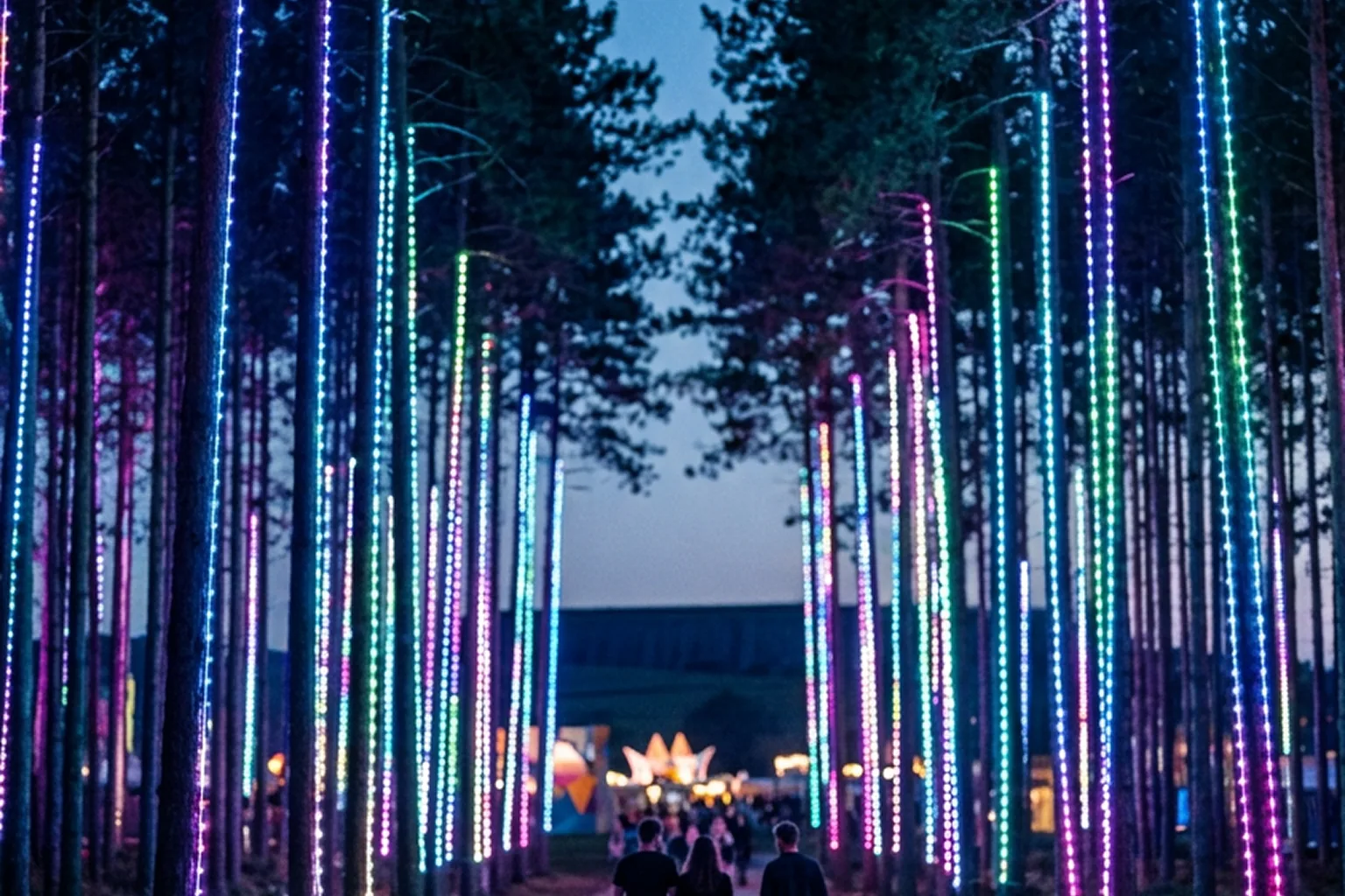 A path through a forest at dusk illuminated by vertical strands of multicolor lights