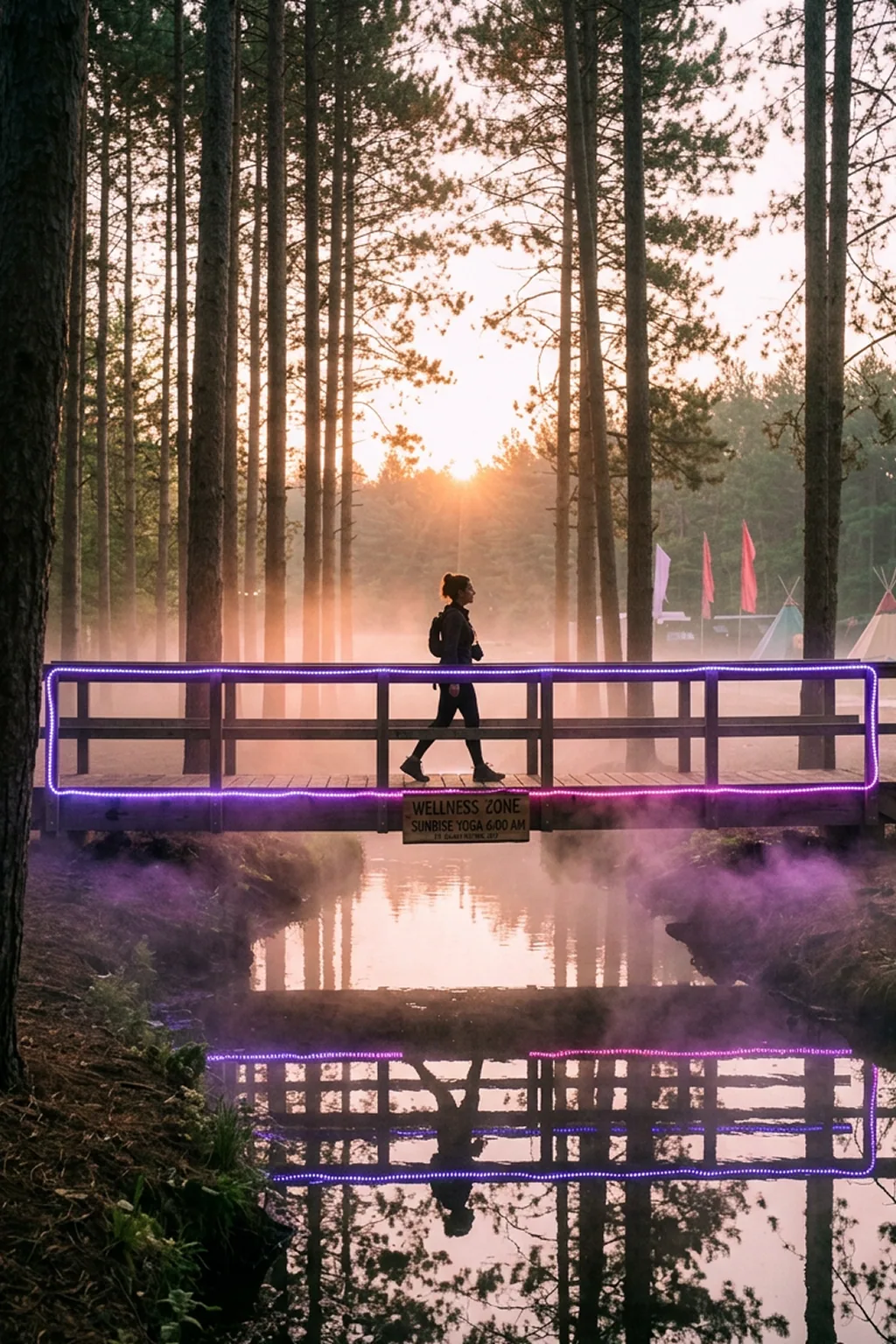 A figure crossing an illuminated wooden bridge over a misty stream at sunrise