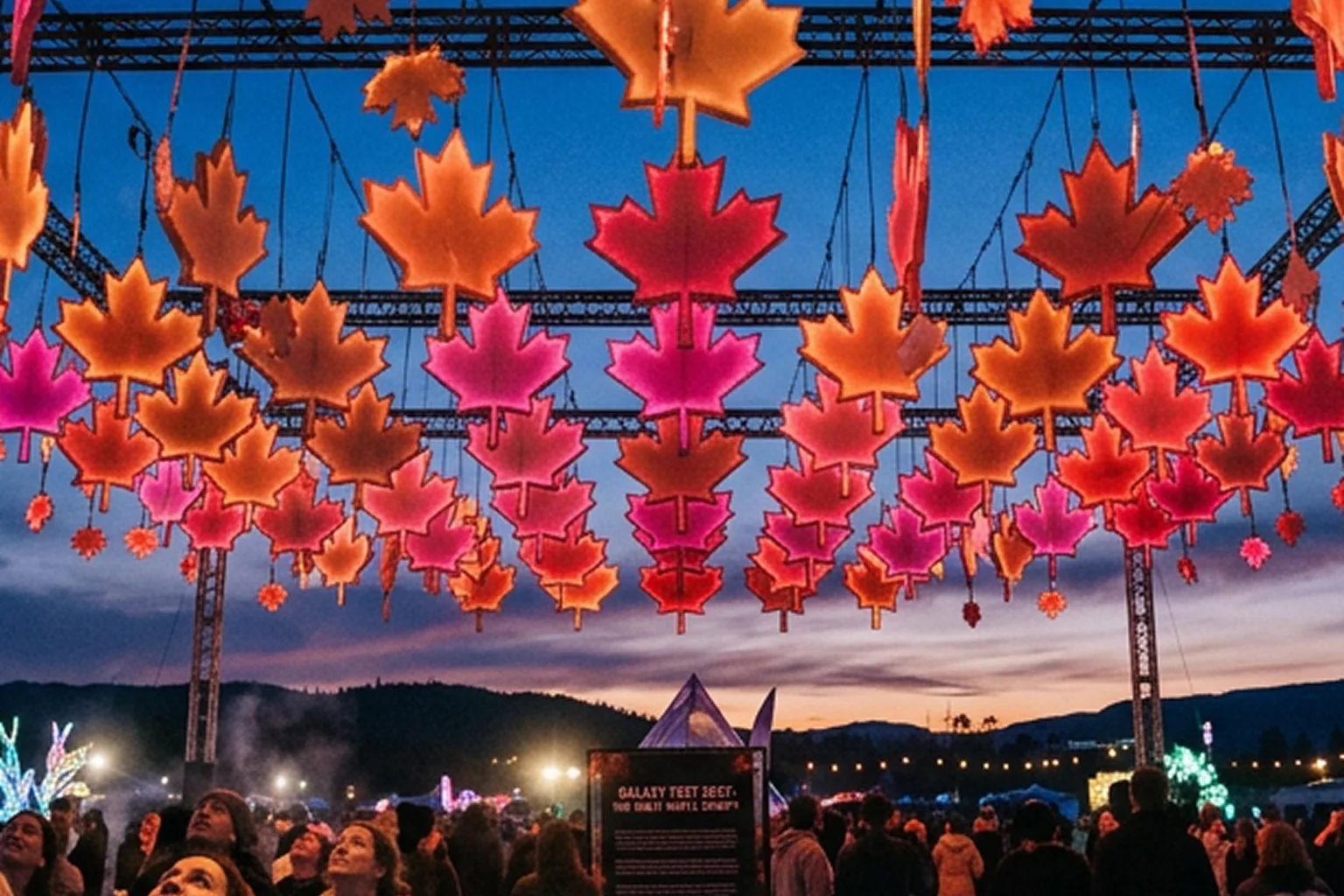 A canopy of glowing red and orange maple leaves suspended above a festival crowd