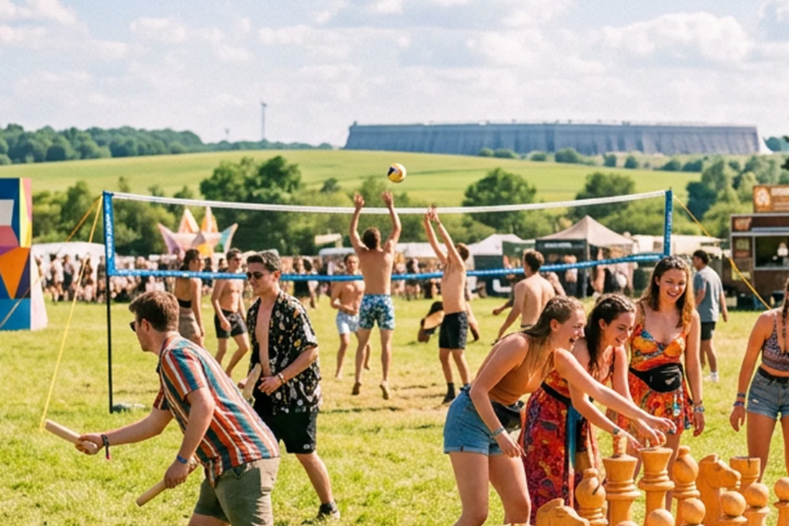 Festival-goers gathered around an outdoor sports zone with giant LED screens