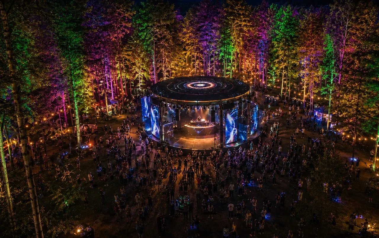 Nebula Forest — laser-lit stage nestled among trees in the woodland