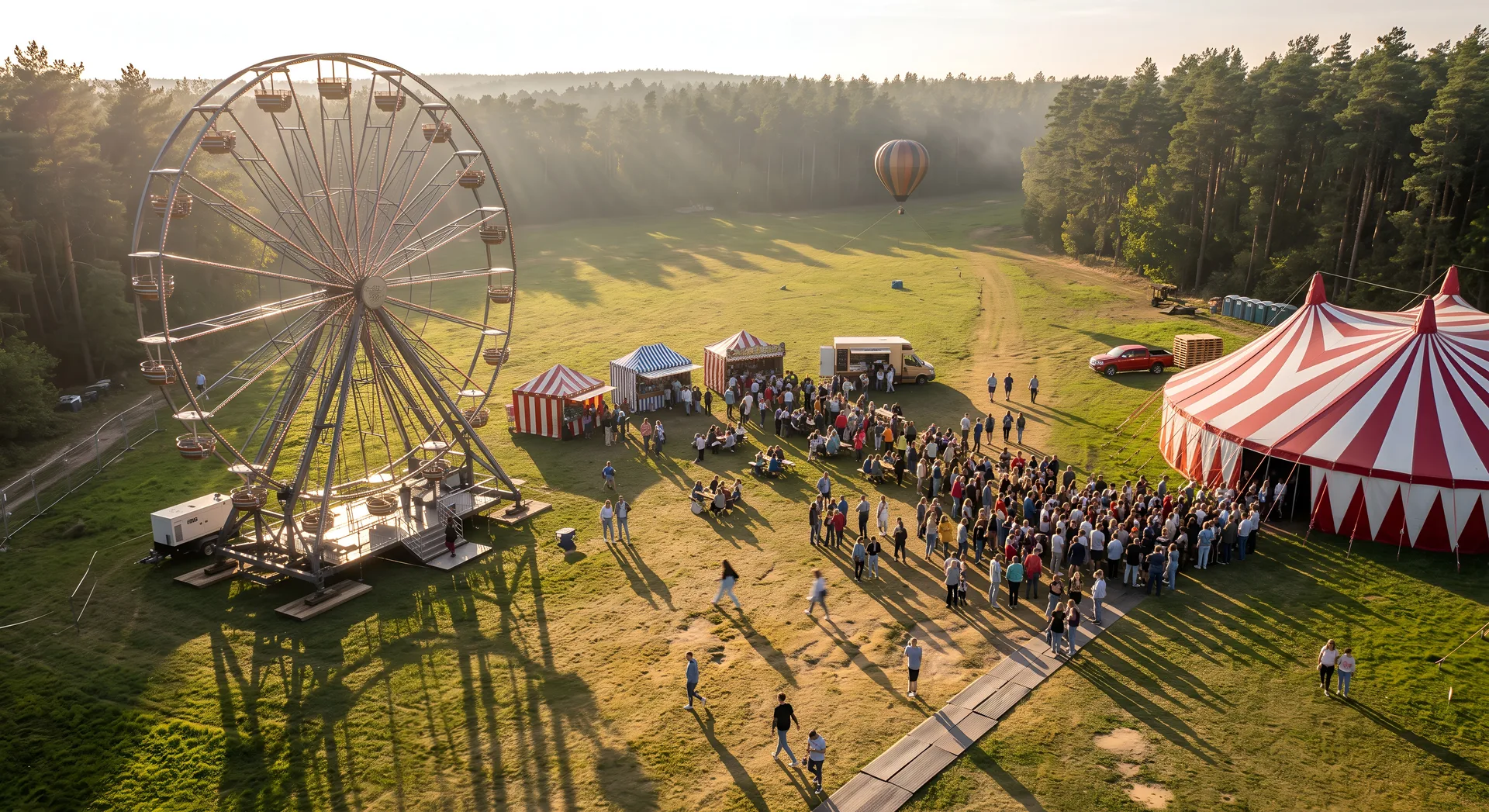 Daytime carnival grounds with a Ferris wheel, circus tent, and midway games