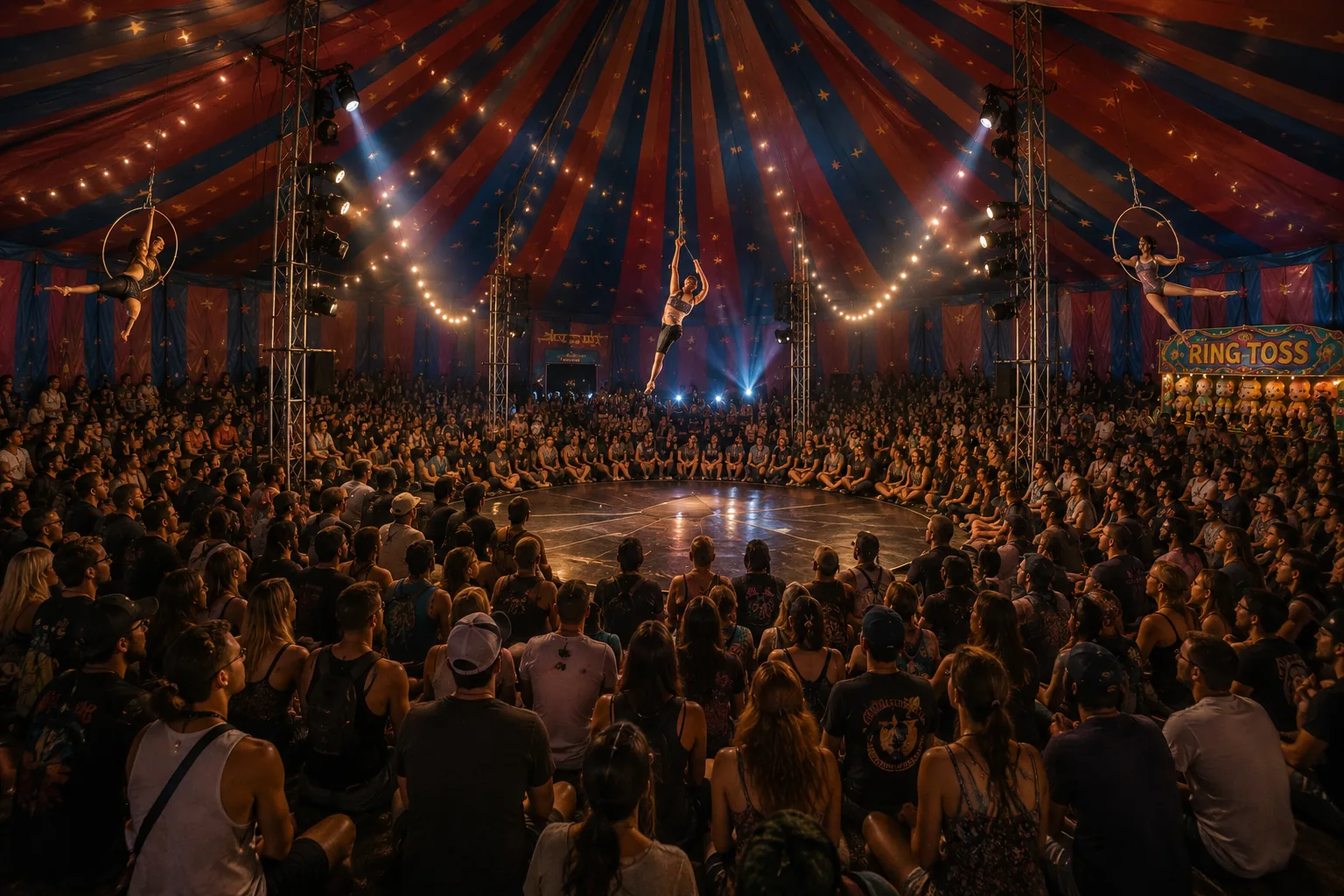 Aerial acrobats performing inside the big top as the crowd watches