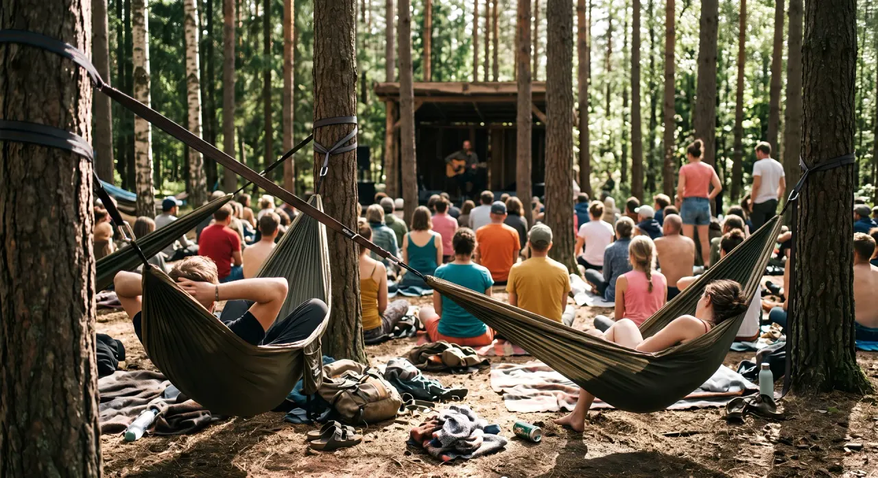 People in hammocks while a crowd watches an acoustic set at the forest stage