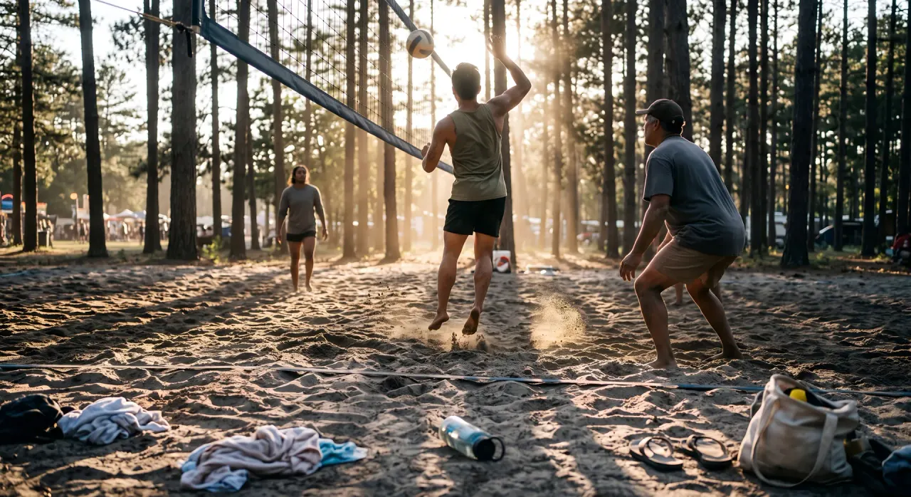 Beach volleyball on a forest sand court in golden light