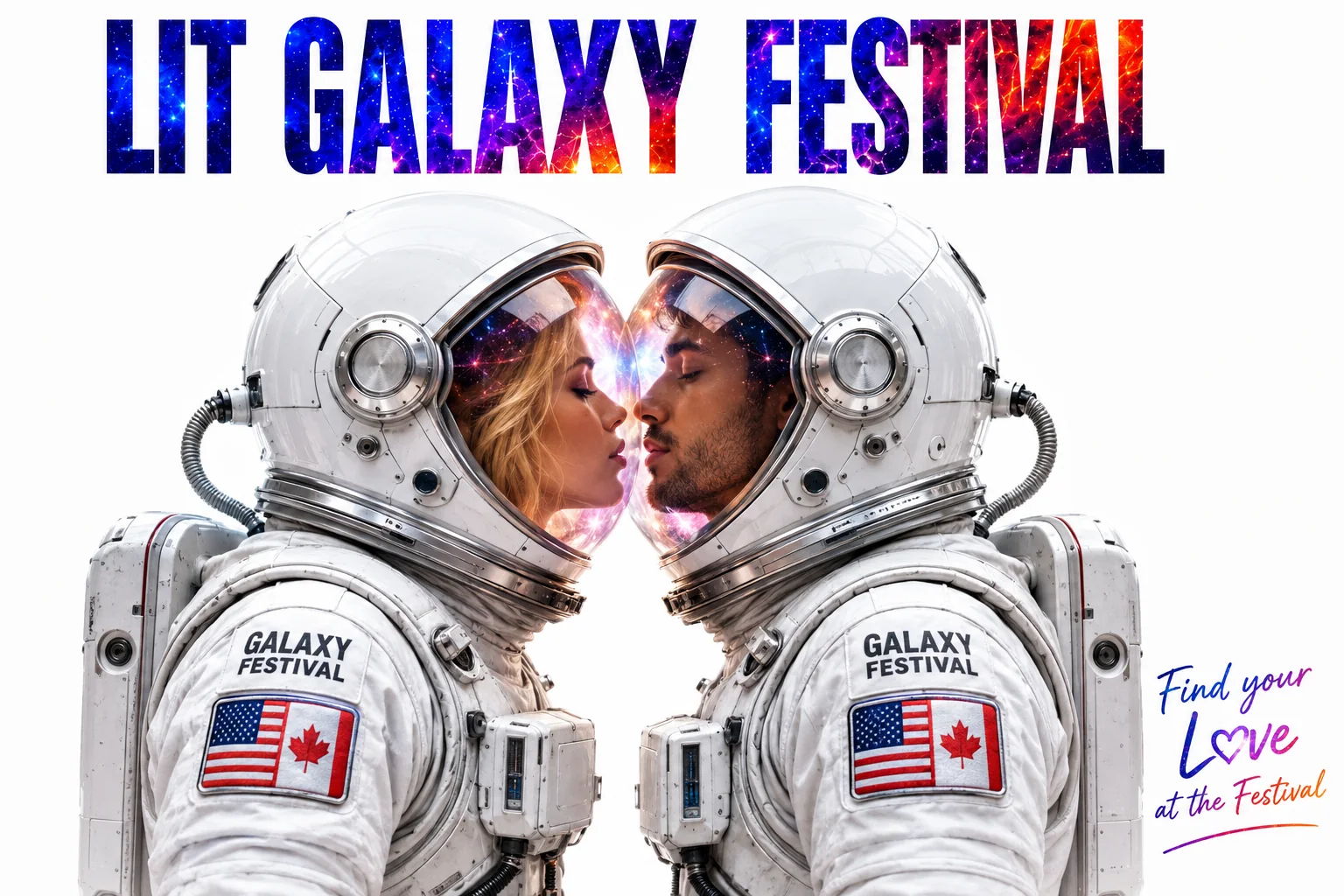 Two astronauts leaning in for a kiss — Find your Love at the Festival