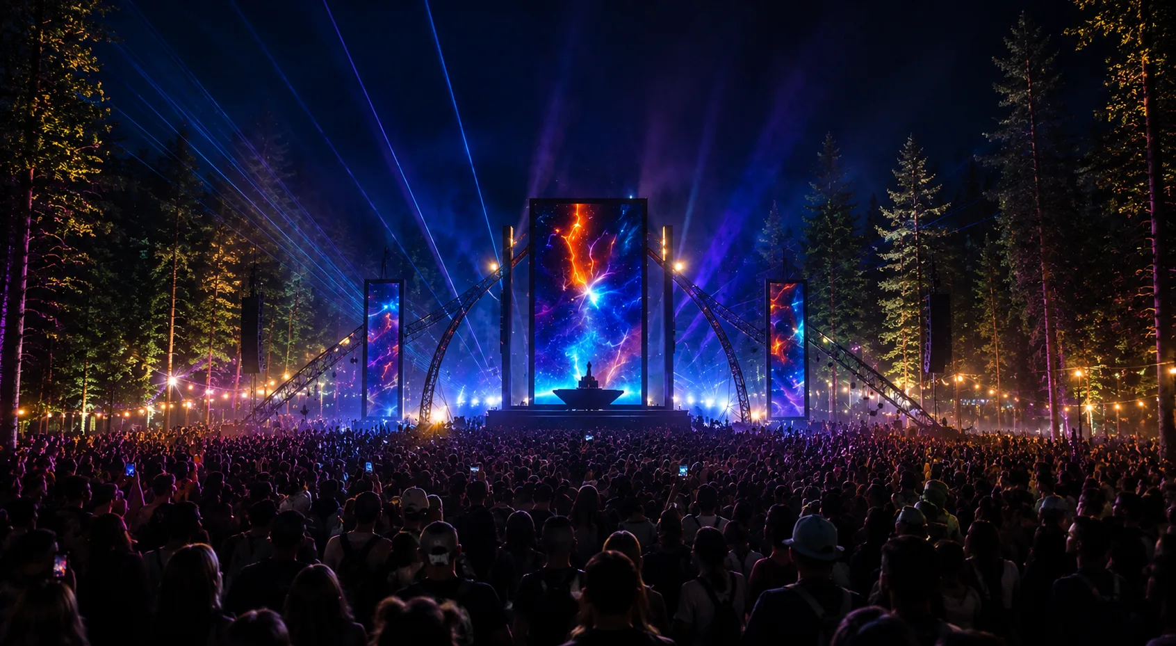 Andromeda main stage at night with towering galaxy screens over the crowd