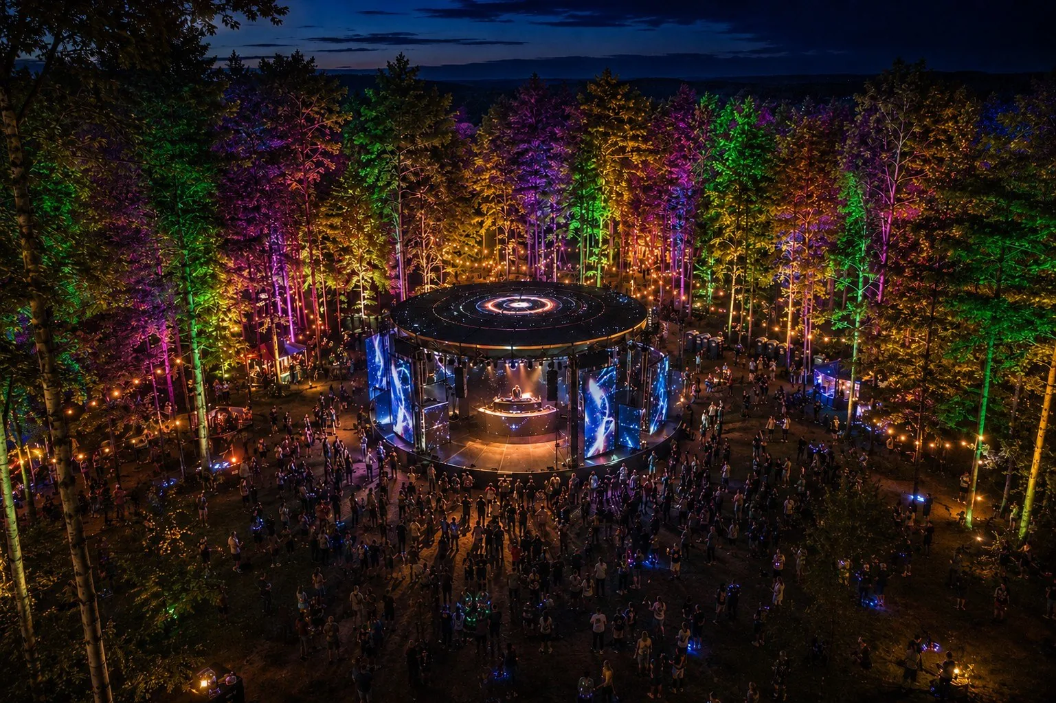 Nebula Forest circular stage glowing at night among illuminated trees
