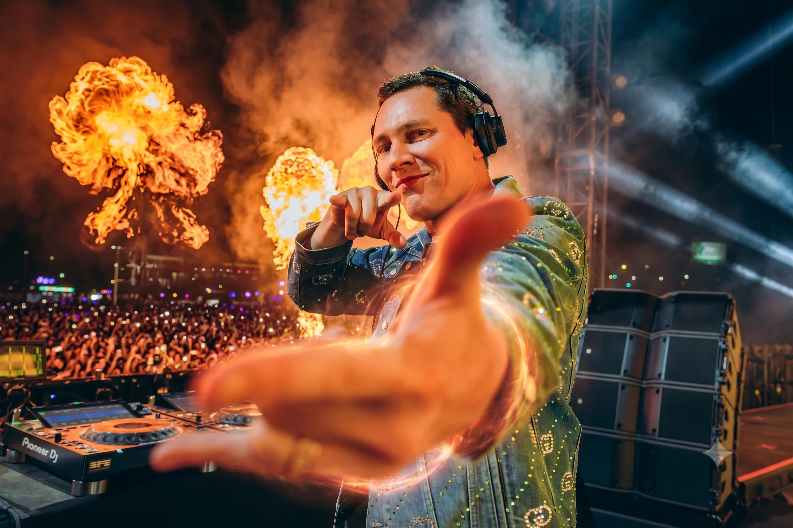 Tiësto performing behind the decks as pyro erupts over the crowd