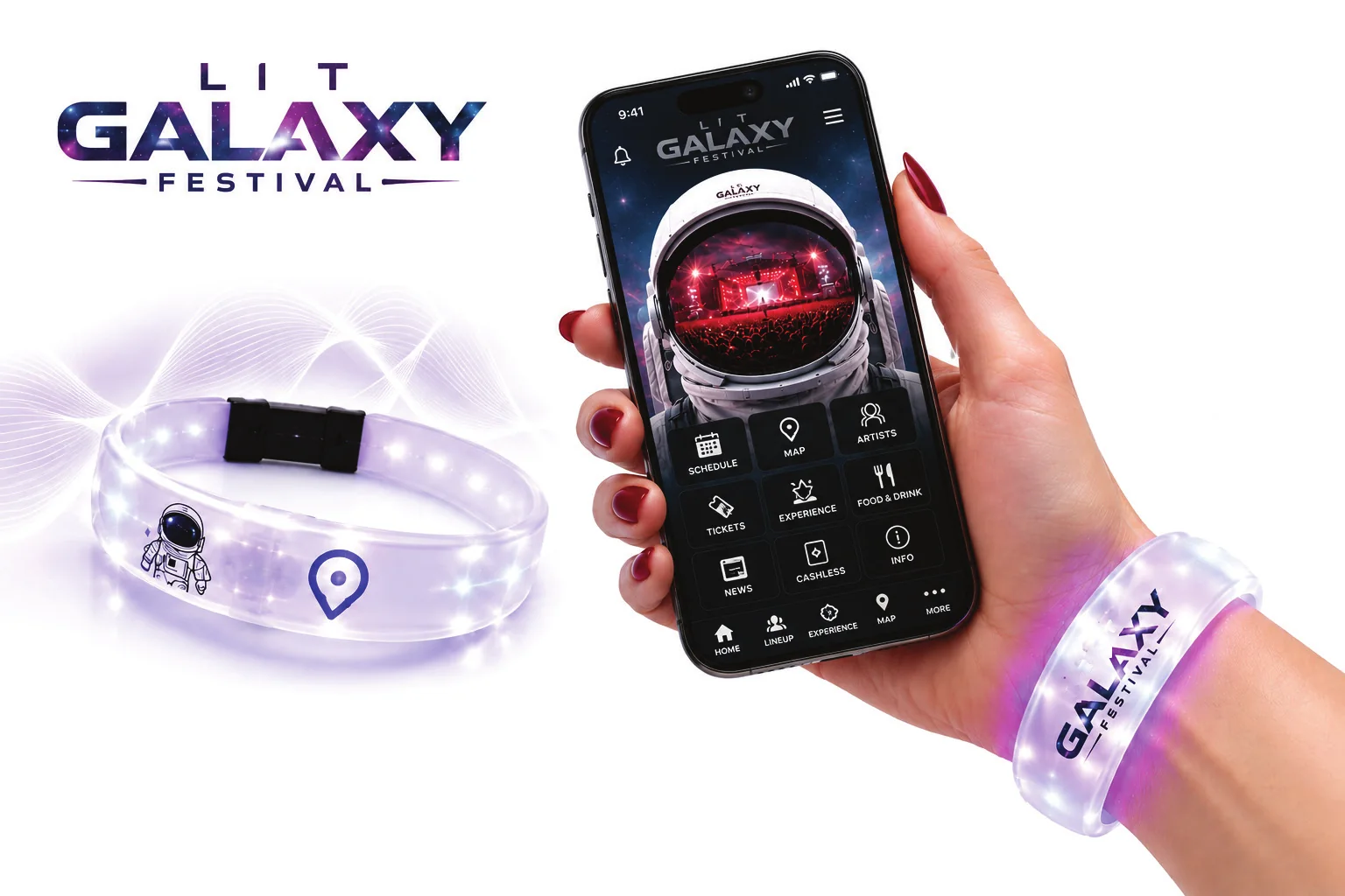 LED festival wristband and the Lit Galaxy app on a phone