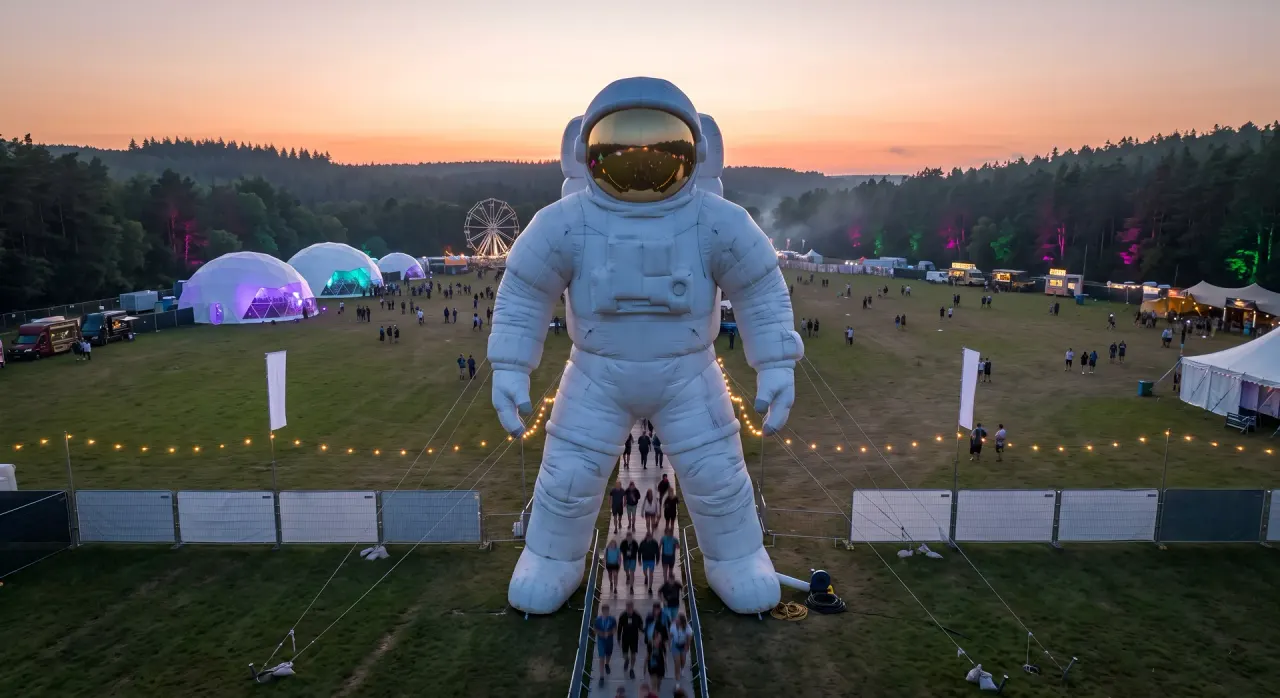 The 80-foot astronaut standing over the festival entrance at dusk