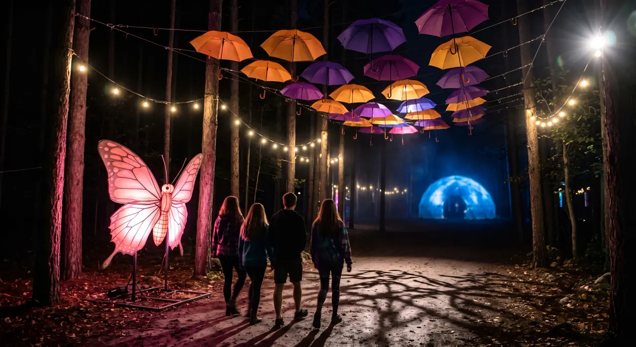 Glowing butterfly and umbrella canopy over a forest path at night
