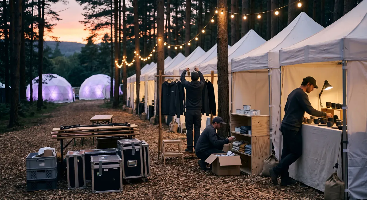 Merchandise tents and vendor village glowing at dusk