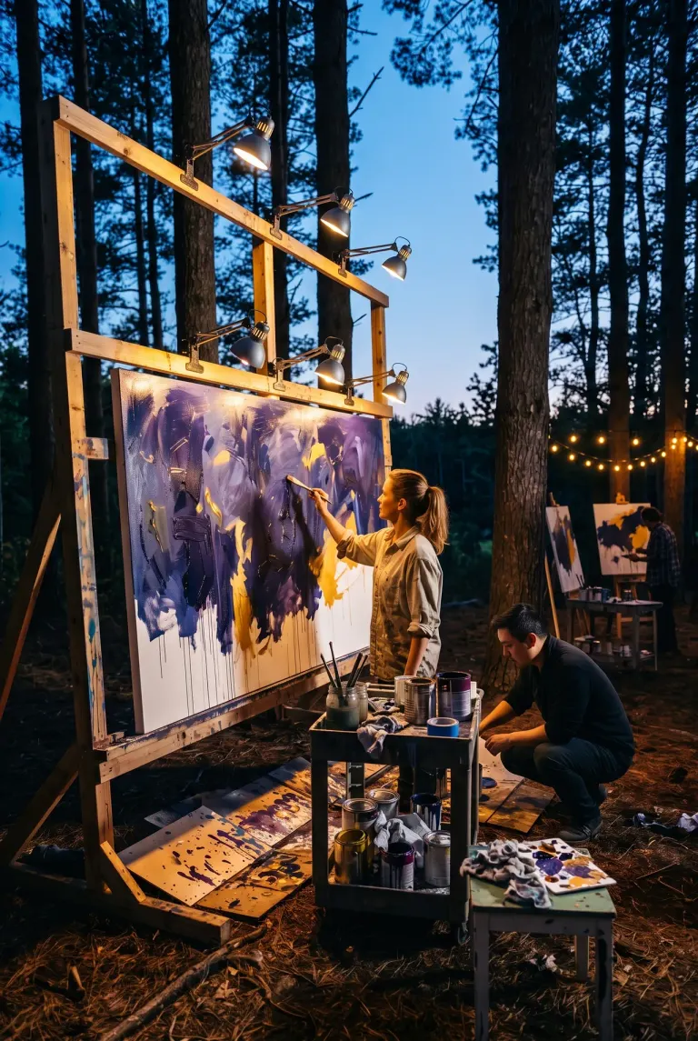 An artist painting a large canvas under work lights in the forest at dusk, with a second artist mixing paint nearby