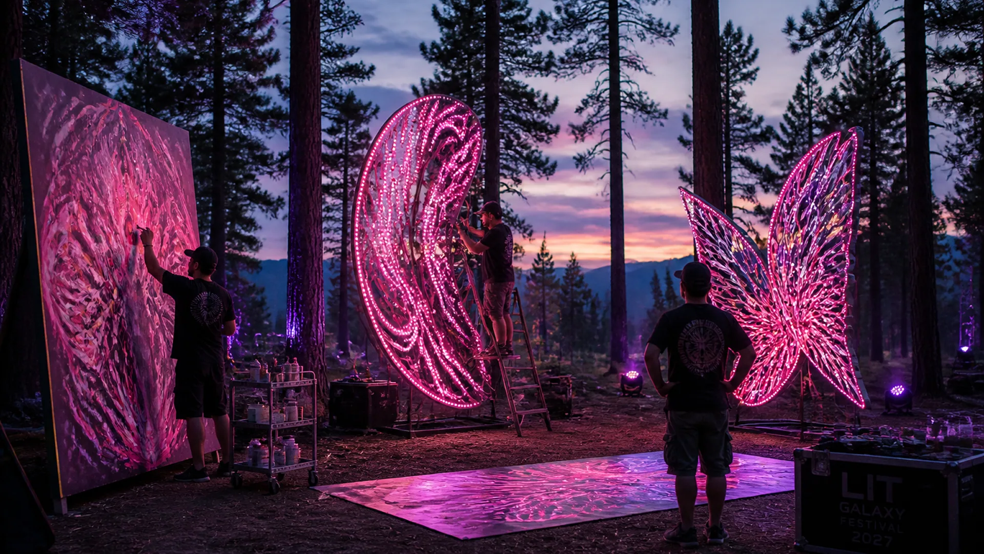 Festival-goers gathered around a bright outdoor stage and light installation