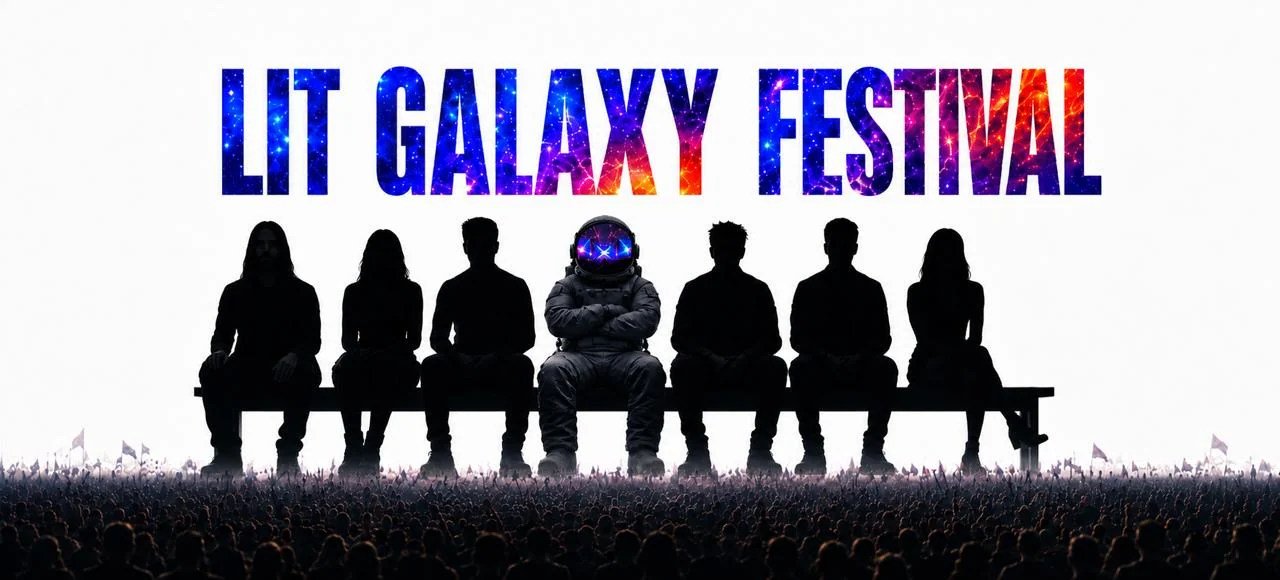 Lit Galaxy Festival — silhouetted artists seated on a bench above a packed crowd