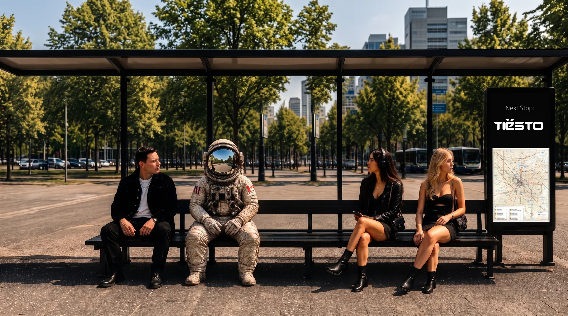 Bus stop poster reading Next Stop: Tiësto, with an astronaut waiting on the bench