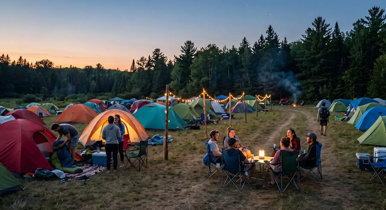Tents pitched across the on-site camping field at dusk, string lights strung between poles and campers gathered around a lantern-lit table